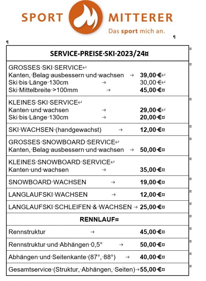 Preise Skiservice 2023/2024